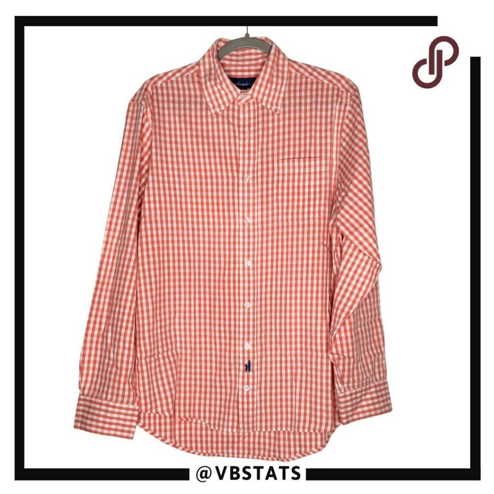 Johnnie-O Mens Gingham Check Long Sleeve Cotton Button-Up Shirt Coral Sz Medium